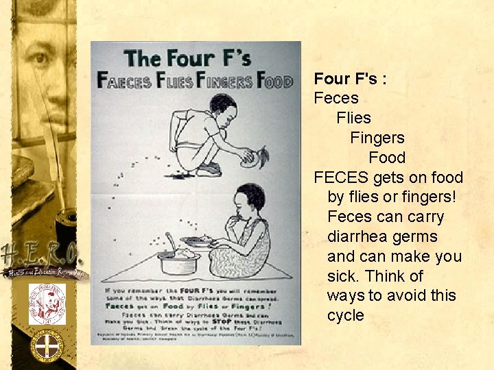 Four F's : Feces Flies Fingers Food FECES gets on food by flies or