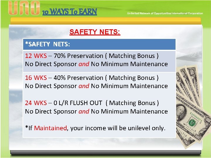 10 WAYS To EARN SAFETY NETS: *SAFETY NETS: 12 WKS – 70% Preservation (