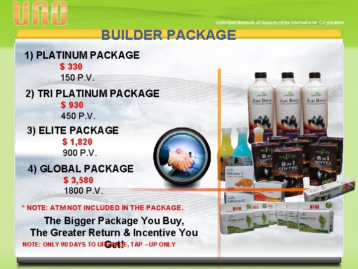 BUILDER PACKAGE 1) PLATINUM PACKAGE $ 330 150 P. V. 2) TRI PLATINUM PACKAGE