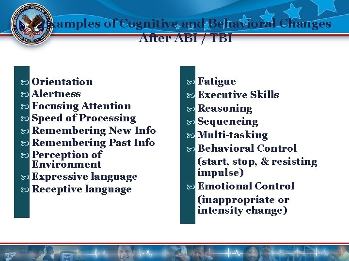 Examples of Cognitive and Behavioral Changes After ABI / TBI Orientation Alertness Focusing Attention