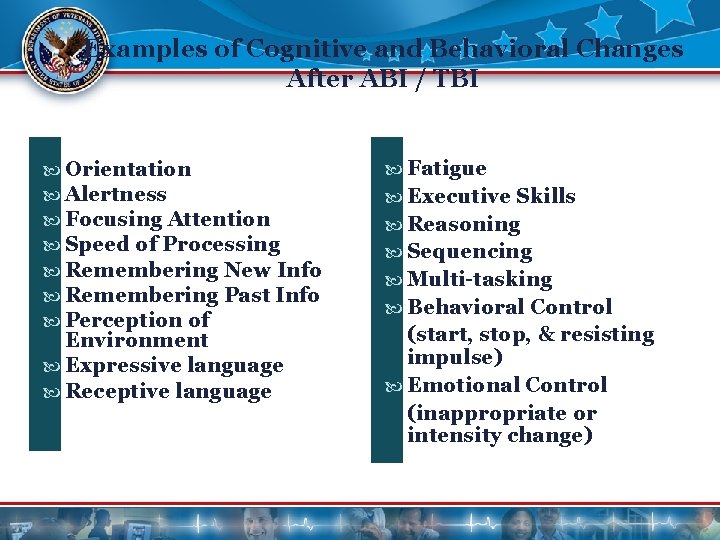 Examples of Cognitive and Behavioral Changes After ABI / TBI Orientation Alertness Focusing Attention Examples of Cognitive and Behavioral Changes After ABI / TBI Orientation Alertness Focusing Attention