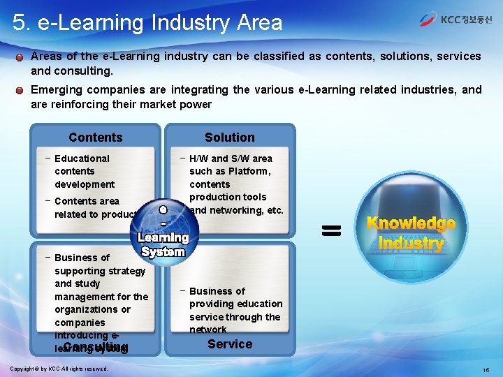 5. e-Learning Industry Areas of the e-Learning industry can be classified as contents, solutions,