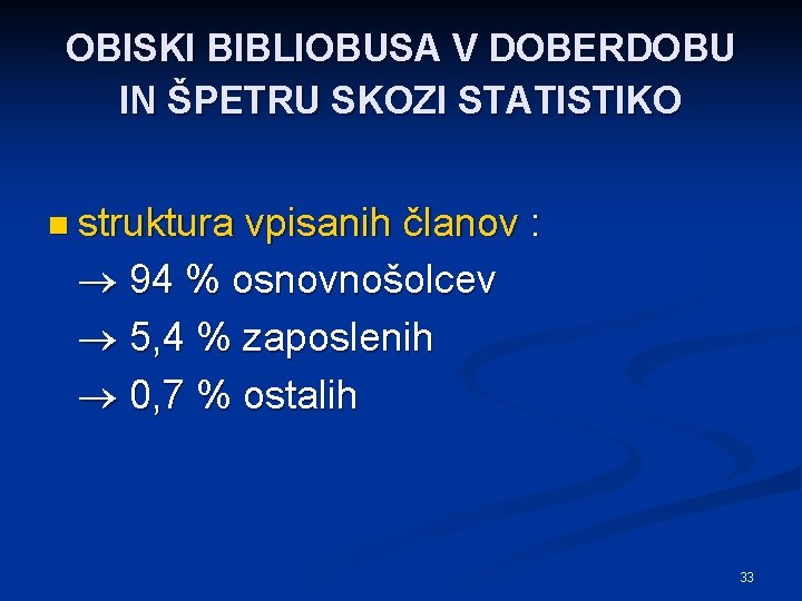 OBISKI BIBLIOBUSA V DOBERDOBU IN ŠPETRU SKOZI STATISTIKO n struktura vpisanih članov : 94