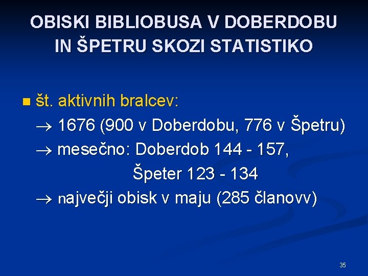 OBISKI BIBLIOBUSA V DOBERDOBU IN ŠPETRU SKOZI STATISTIKO n št. aktivnih bralcev: 1676 (900