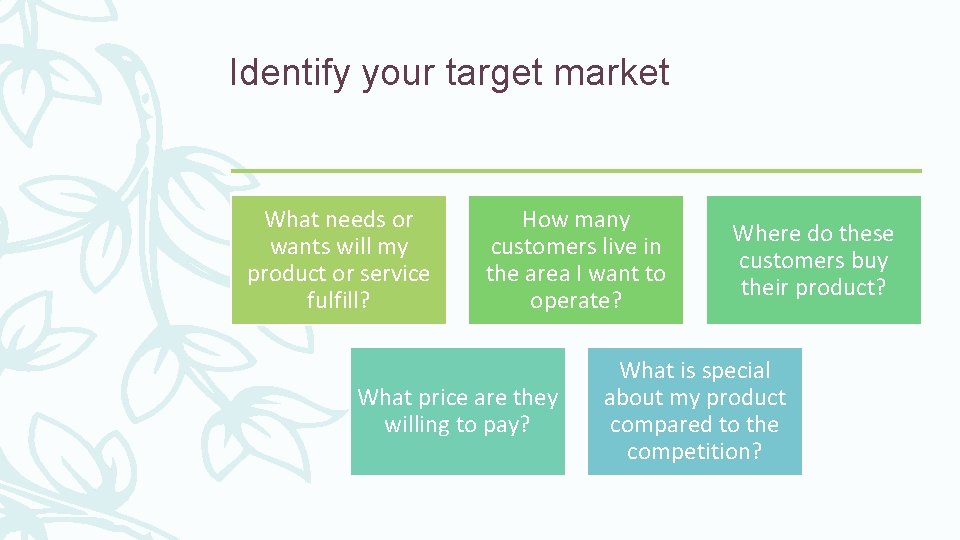 Identify your target market What needs or wants will my product or service fulfill?