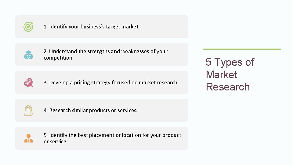 1. Identify your business’s target market. 2. Understand the strengths and weaknesses of your