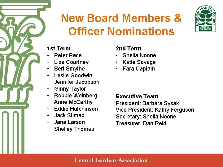 New Board Members & Central Gardens Officer Nominations Neighborhood Association 2 nd Term 1