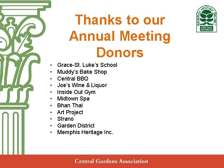 Thanks to our Central Gardens Annual Meeting Neighborhood Association Donors Annual Meeting • Grace-St.