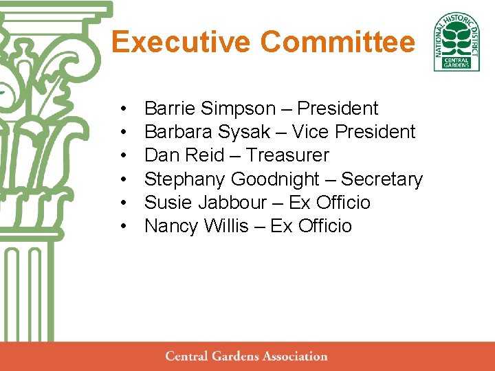 Executive Committee Central Gardens Neighborhood Association • Barrie Simpson – President • Barbara Sysak