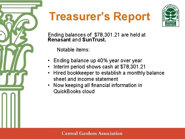 Treasurer’s Report Central Gardens Ending balances of $78, 301. 21 are held at Neighborhood