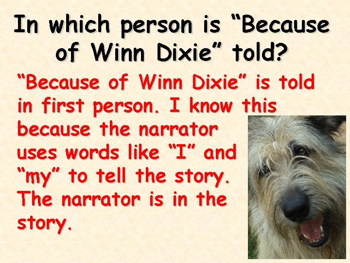 In which person is of Winn Dixie” “Because told? “Because of Winn Dixie” is