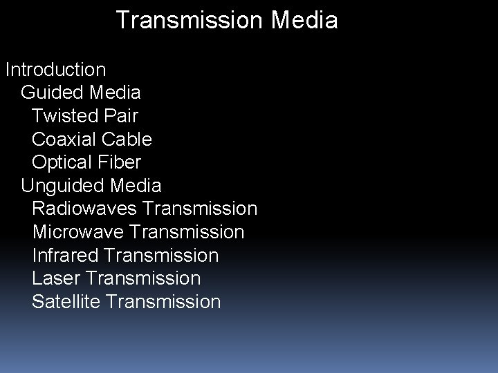Transmission Media Introduction Guided Media Twisted Pair Coaxial Cable Optical Fiber Unguided Media Radiowaves