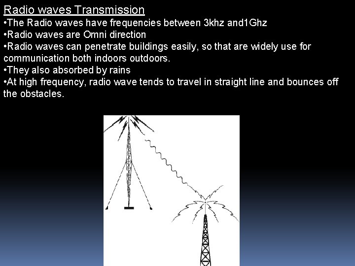 Radio waves Transmission • The Radio waves have frequencies between 3 khz and 1