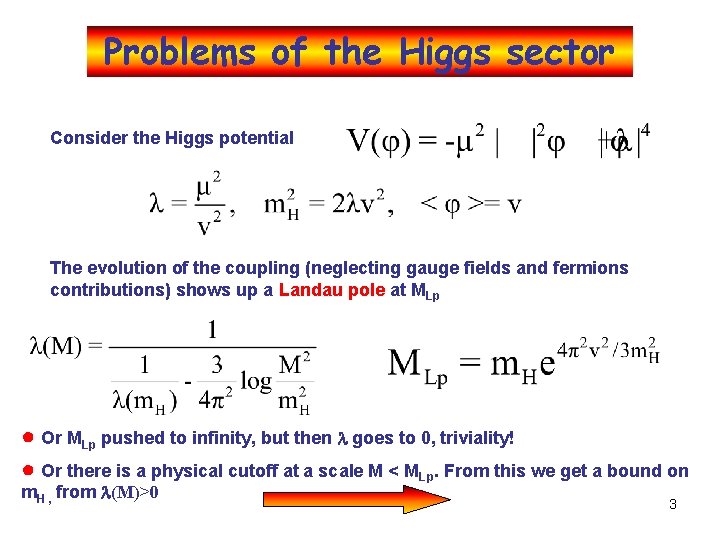 Problems of the Higgs sector Consider the Higgs potential The evolution of the coupling