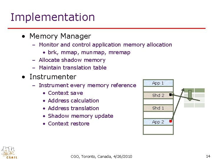 Implementation • Memory Manager – Monitor and control application memory allocation • brk, mmap,