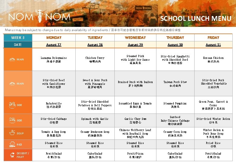 SCHOOL LUNCH MENU Menus may be subject to change due to daily availability of