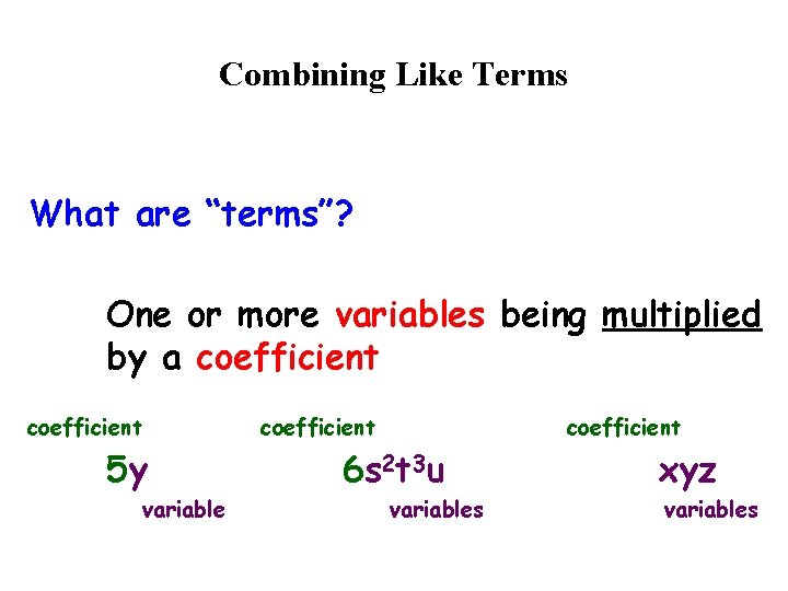 Combining Like Terms What are “terms”? One or more variables being multiplied by a
