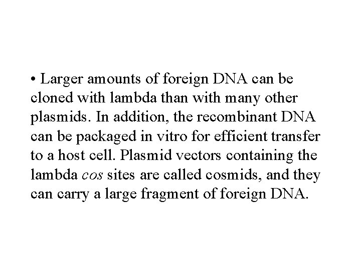  • Larger amounts of foreign DNA can be cloned with lambda than with