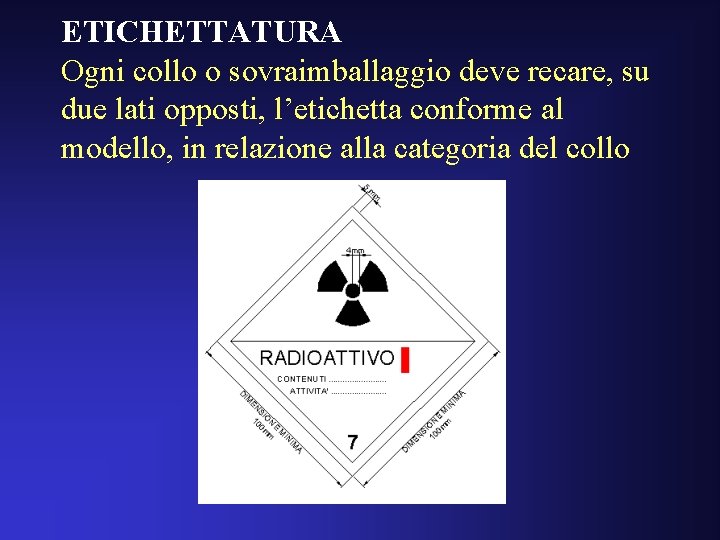 ETICHETTATURA Ogni collo o sovraimballaggio deve recare, su due lati opposti, l’etichetta conforme al