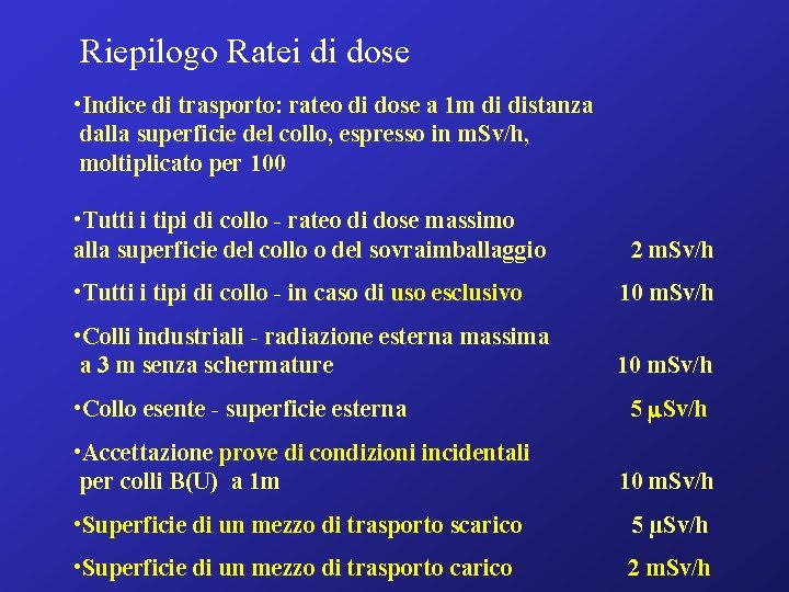 Riepilogo Ratei di dose • Indice di trasporto: rateo di dose a 1 m