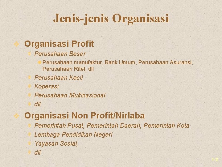 Jenis-jenis Organisasi v Organisasi Profit v Perusahaan Besar ® Perusahaan manufaktur, Bank Umum, Perusahaan