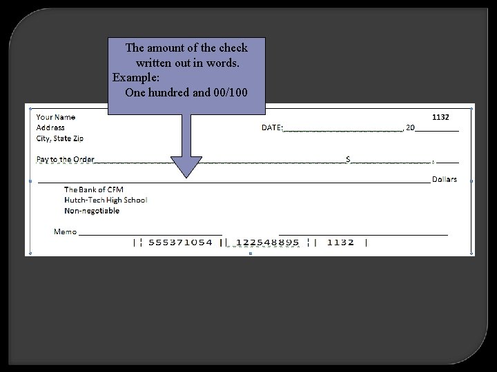 The amount of the check written out in words. Example: One hundred and 00/100