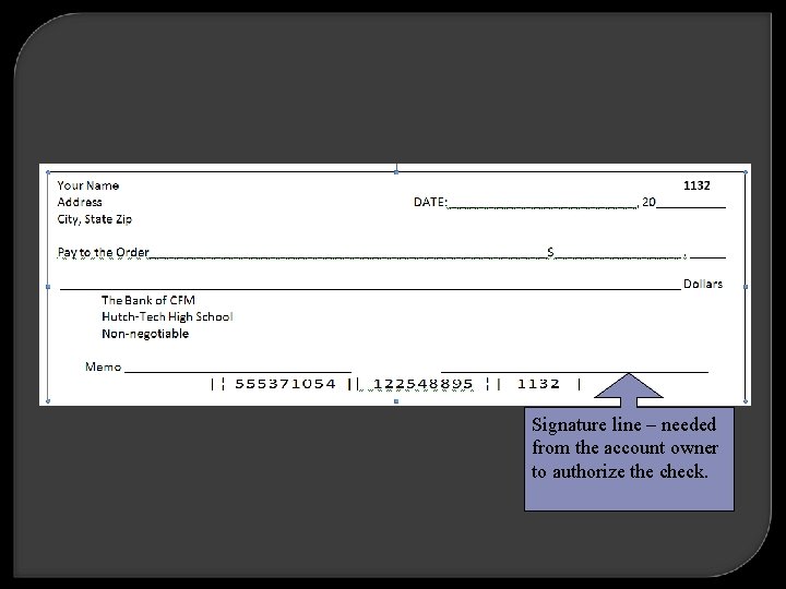 Signature line – needed from the account owner to authorize the check. 