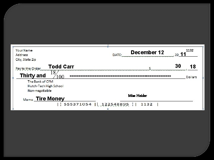 DDecember 12 Todd Carr Thirty and Tire Money ----------------------------- m. Miss Heider 11 220_