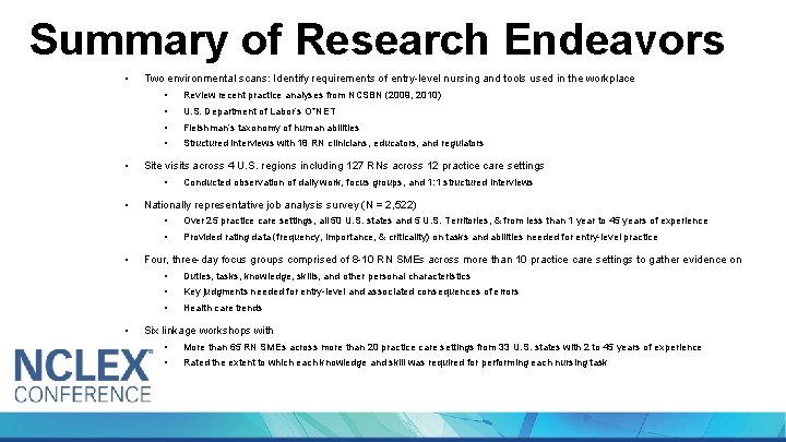 Summary of Research Endeavors • • Two environmental scans: Identify requirements of entry-level nursing