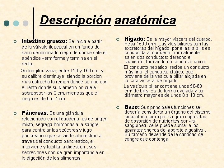 Descripción anatómica ¢ Intestino grueso: Se inicia a partir ¢ de la válvula ileocecal