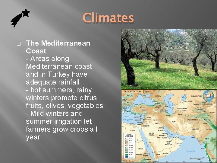 Climates � The Mediterranean Coast - Areas along Mediterranean coast and in Turkey have