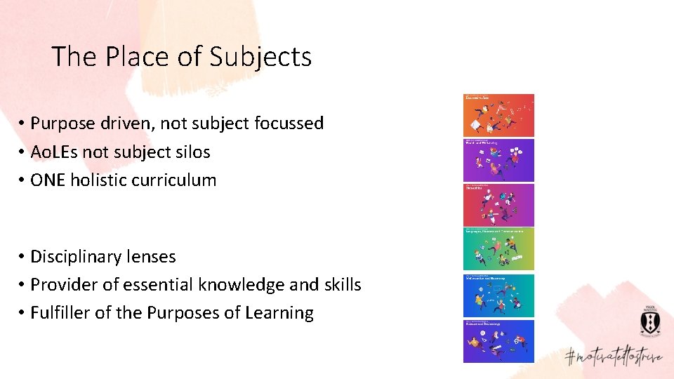 The Place of Subjects • Purpose driven, not subject focussed • Ao. LEs not