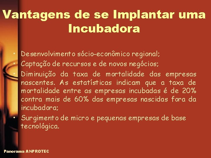 Vantagens de se Implantar uma Incubadora • Desenvolvimento sócio-econômico regional; • Captação de recursos