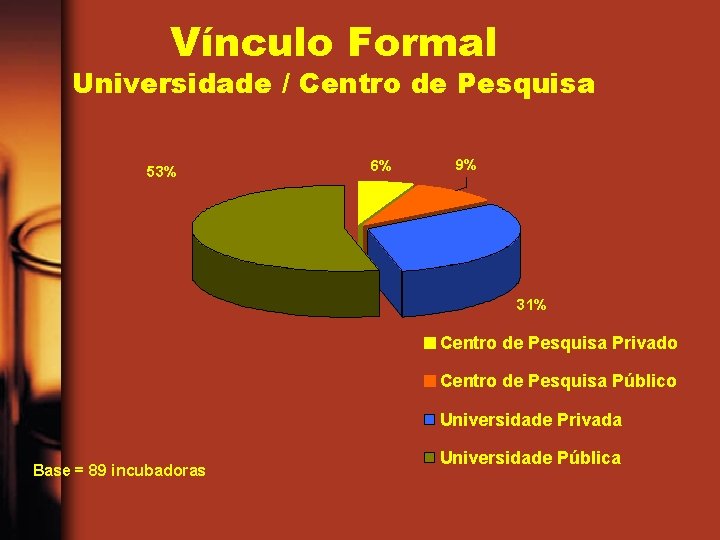 Vínculo Formal Universidade / Centro de Pesquisa 53% 6% 9% 31% Centro de Pesquisa