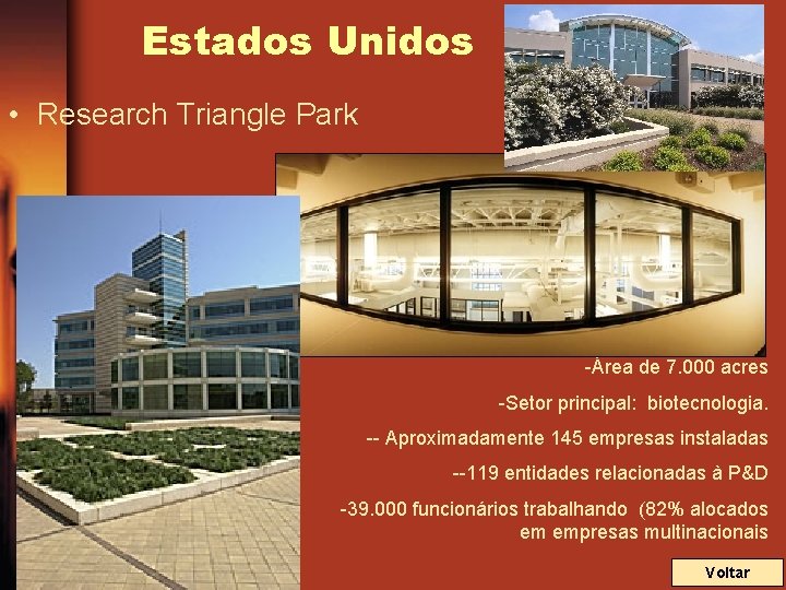 Estados Unidos • Research Triangle Park -Área de 7. 000 acres -Setor principal: biotecnologia.