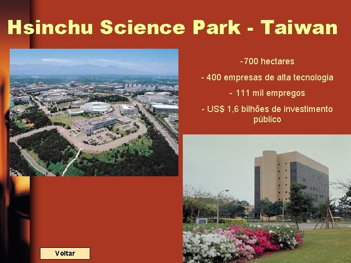 Hsinchu Science Park - Taiwan -700 hectares - 400 empresas de alta tecnologia -