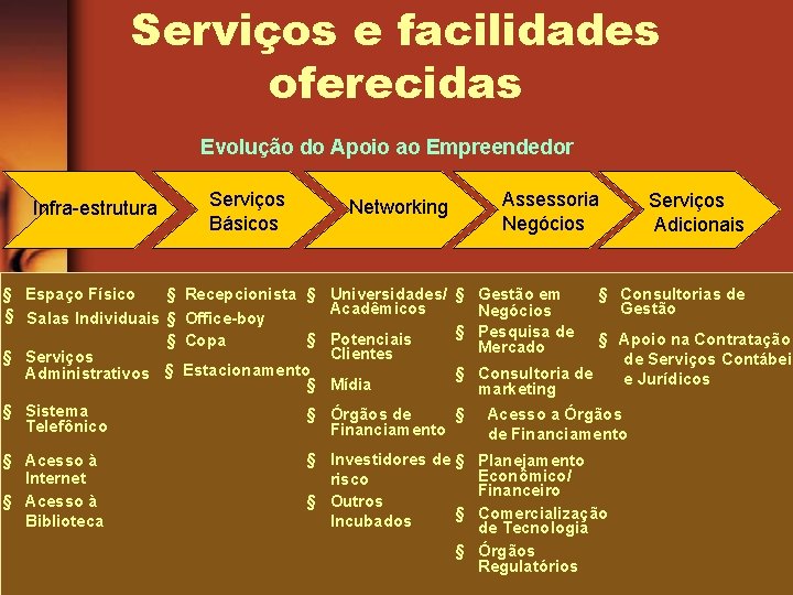 Serviços e facilidades oferecidas Evolução do Apoio ao Empreendedor Infra-estrutura Serviços Básicos Assessoria Negócios