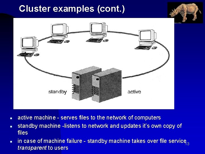 Cluster examples (cont. ) n n n active machine - serves files to the