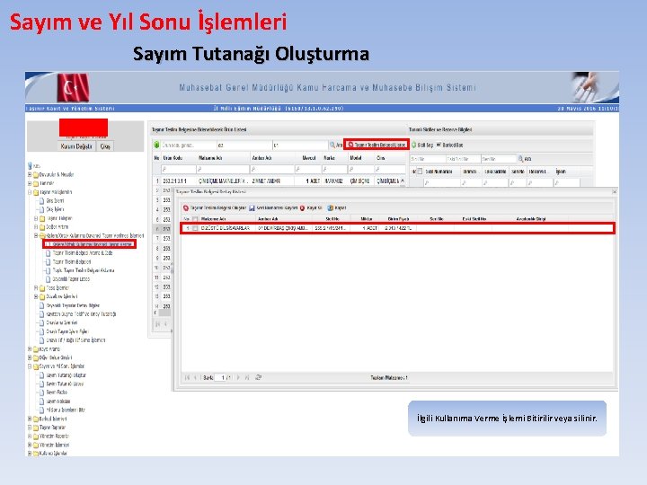 Sayım ve Yıl Sonu İşlemleri Sayım Tutanağı Oluşturma İlgili Kullanıma Verme İşlemi Bitirilir veya