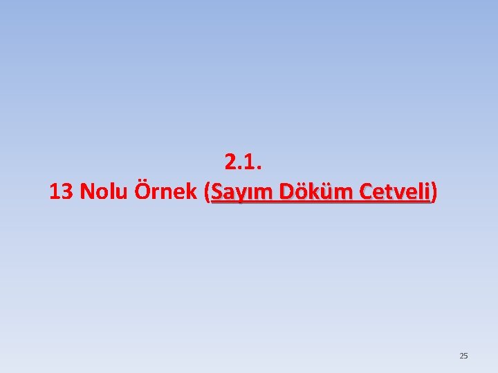 2. 1. 13 Nolu Örnek (Sayım Döküm Cetveli) Cetveli 25 