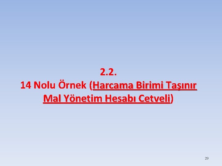 2. 2. 14 Nolu Örnek (Harcama Birimi Taşınır Mal Yönetim Hesabı Cetveli) Cetveli 29