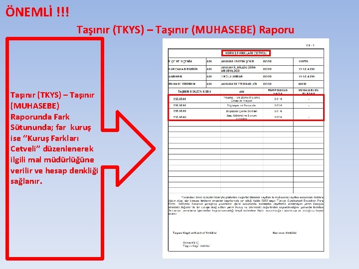 ÖNEMLİ !!! Taşınır (TKYS) – Taşınır (MUHASEBE) Raporunda Fark Sütununda; far kuruş ise ‘’Kuruş