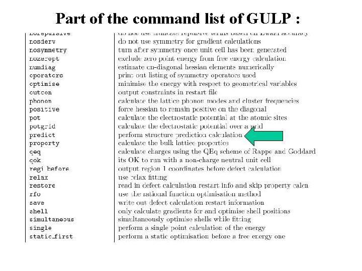 Part of the command list of GULP : 