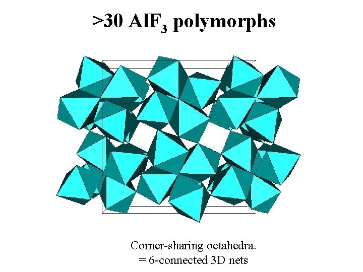  >30 Al. F 3 polymorphs Corner-sharing octahedra. = 6 -connected 3 D nets