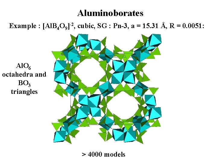 Aluminoborates Example : [Al. B 4 O 9]-2, cubic, SG : Pn-3, a =