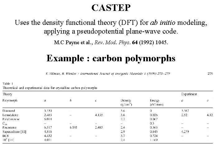 CASTEP Uses the density functional theory (DFT) for ab initio modeling, applying a pseudopotential