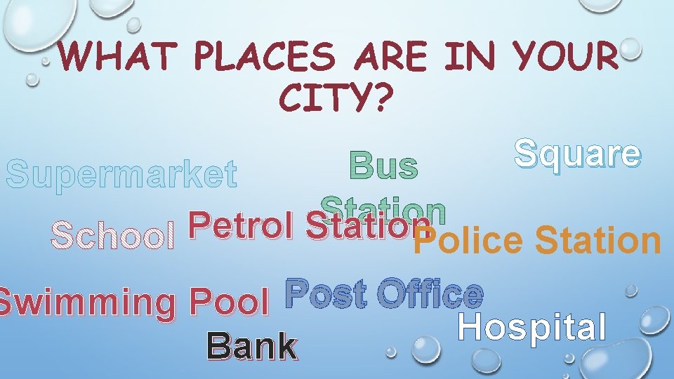 WHAT PLACES ARE IN YOUR CITY? Square Supermarket Petrol Station Police Station Post Office