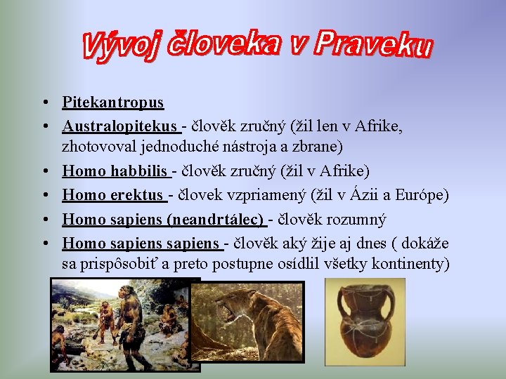  • Pitekantropus • Australopitekus - člověk zručný (žil len v Afrike, zhotovoval jednoduché