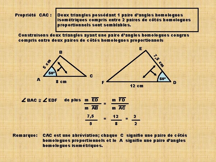 Propriété CAC : Deux triangles possédant 1 paire d’angles homologues isométriques compris entre 2