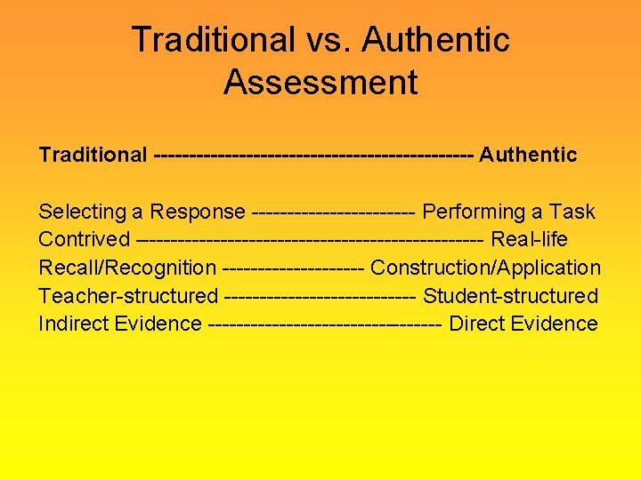 Traditional vs. Authentic Assessment Traditional ----------------------- Authentic Selecting a Response ------------ Performing a Task Traditional vs. Authentic Assessment Traditional ----------------------- Authentic Selecting a Response ------------ Performing a Task
